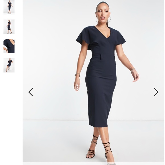ASOS Midi dress Flounce Cape Angel Sleeve Pockets V neckline Navy blue Sz 10 - Picture 2 of 15